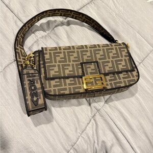 Fendi Tan and Brown Shoulder Bag with Gold Accents
